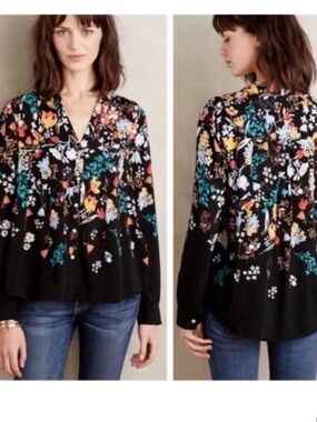 Maeve Anthropologie Floral V-Neck Blouse Black Woodland Print Size 8 Button down